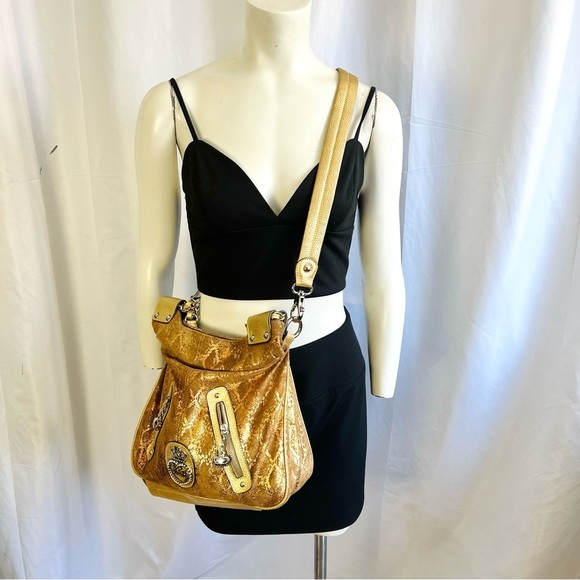 KATHY VAN ZEELAND GOLD CROSSBODY BAG FAUX DIAMOND SHOULDER Y2K  LEATHER BAG - Picture 3 of 14